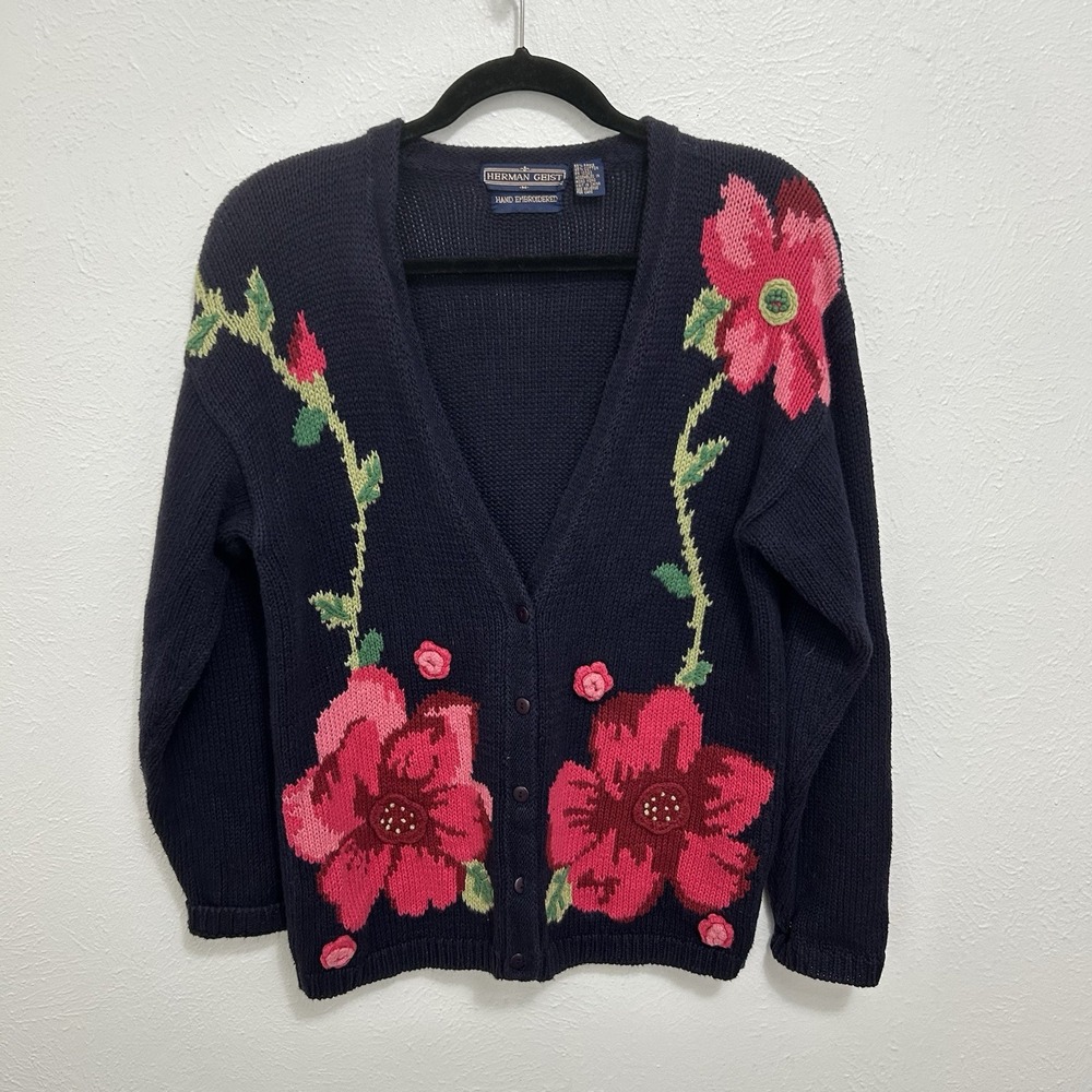 Vintage Herman Geist Hand Embroidered Cardigan Blue Floral M Dark Cottagecore